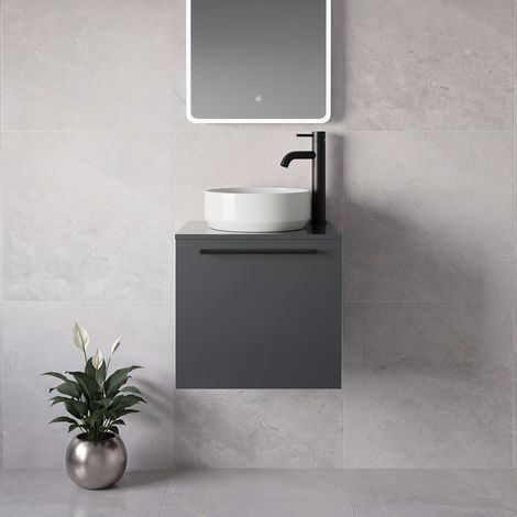 Napoli 390 Gloss Grey 500mm Wall Mounted Single Drawer Vanity Unit for Countertop Basins - 500mm - Matt Black 320mm Handle