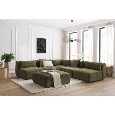 BOBOCHIC - Canapé d'angle fixe modulable JEANNE tissu texturé avec 4 chauffeuses, 1 angle et 1 pouf Vert (1/5)