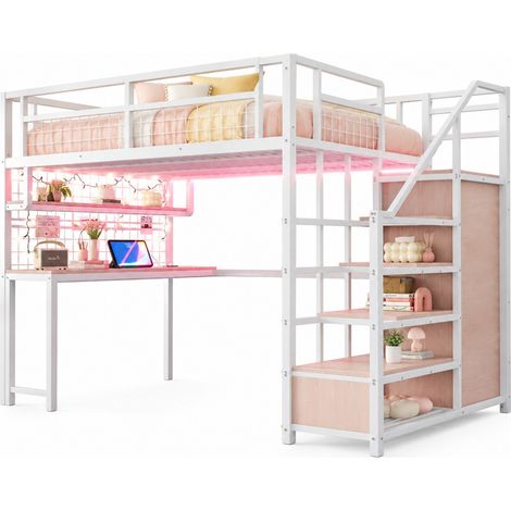 Lit mezzanine 140 x 200 cm en métal blanc avec escalier de rangement, bureau, étagère, penderie, panneau grillagé, LED et prises, gain de place – CHICFURN (1/5)