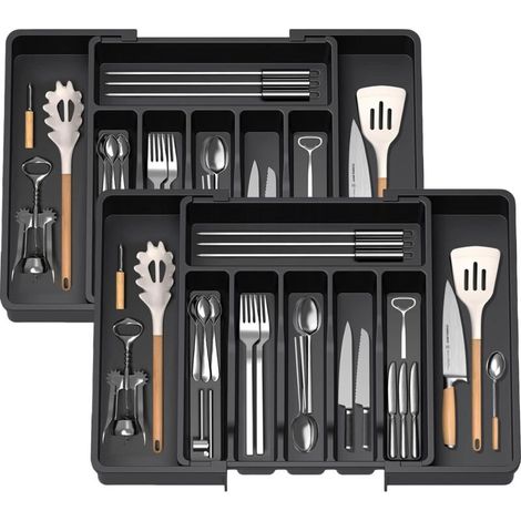 Ausziehbarer Besteckkasten für Schubladen, Besteckorganizer, Küchenschubladen-Organizer, Aufbewahrungshalter für Besteck, Löffel, Gabeln usw., Schwarz, 2 Stück