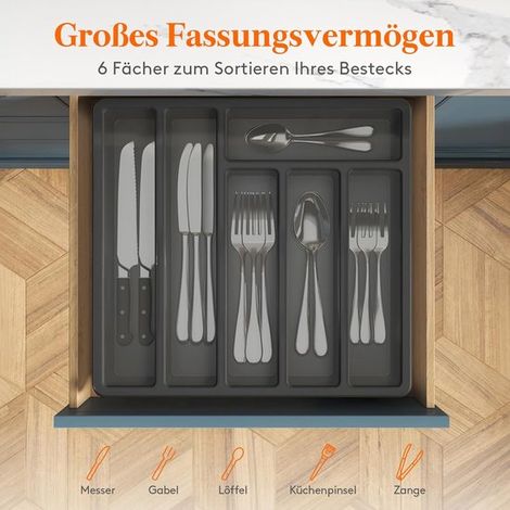 Vassoio portaposate con coperchio,vassoio portaposate per cassetto e piano cucina,in plastica,6 scomparti,32,5 30,5 5,5 cm,Nero (1/5)