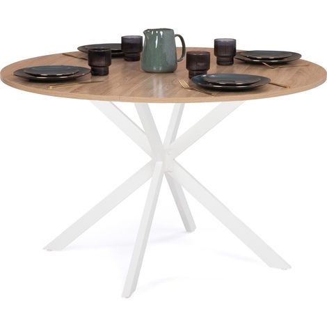 Idmarket – Table à manger ronde 110 cm – 6 personnes – Pied araignée en métal blanc – Plateau bois mélaminé – Style industriel moderne