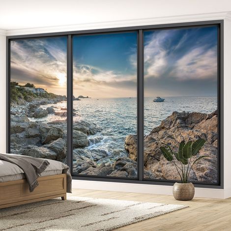 Papier peint panoramique Trompe l'oeil baie vitrée - Vue mer - 130 cm x 78 cm (1/5)