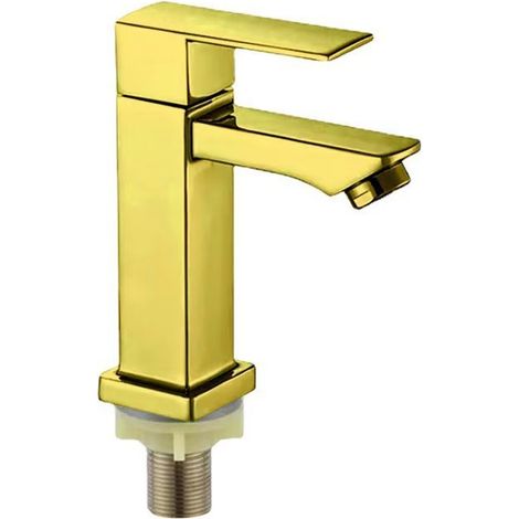 Single-hole bathroom sink faucet with single cold water valve - under-counter sink faucet, square gold low-profile model.