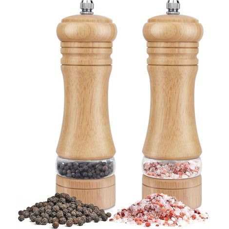 Lot de 2 - Moulin à Poivre - Moulin à Sel - Broyeur Céramique Réglable - Bois et Acrylique Transparent - Cuisine et Table - Naturel - 16,5cm