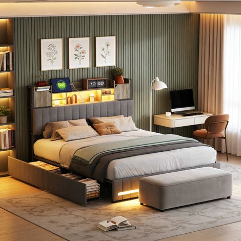 Polsterbett 160x200 cm, Bett mit Stauschublade, integriertes Regal im Kopfteil, verstellbare LED-Beleuchtung, USB-Anschluss, Bettgestell mit Holzlattenrost