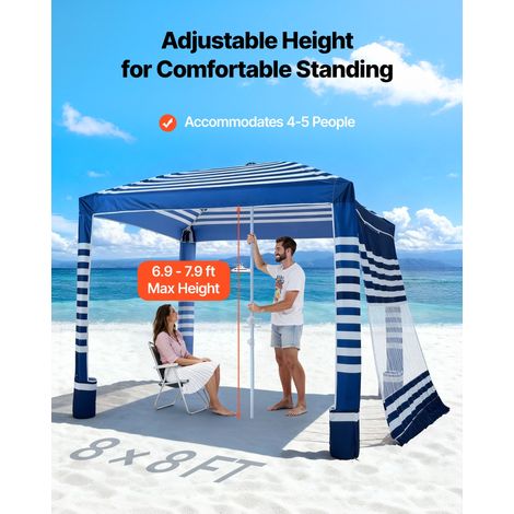 Tonnelle de Plage 2,4x2,4 m, Abri de Plage avec Parois Latérales et Poches à Sable, Tente Portable pour Camping Extérieur, Protection UPF 50+, Hauteur Réglable, Ombrage Spacieux, Rayures Marine (1/5)