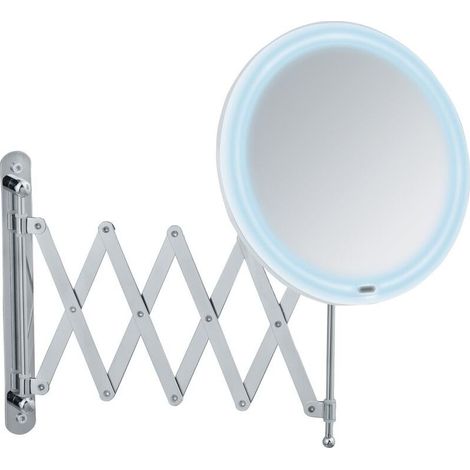 Miroir maquillage LED mural, avec bras télescopique, miroir grossissant x5, Ø 20 cm, Acier - Plastique, 20x34x55 cm, Chromé (1/2)