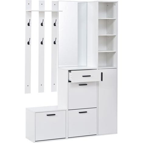 Multifunktionaler Flurschrank mit Schuhregal, Spiegel und Haken, Weiß, 120 x 30 x 178 cm (1/5)