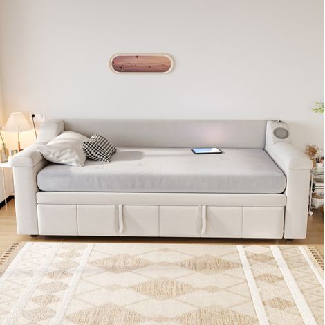 Canapé convertible 90/180x190 cm avec Bluetooth, USB et rangements, velours beige HAVRYA (1/5)