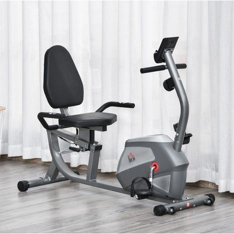 Vélo d’appartement allongé 136x62,5x98 cm en métal gris, écran LCD, pour home gym – MEUBLIV (1/5)