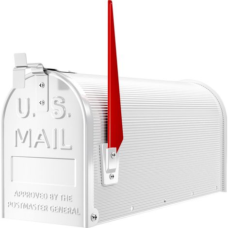 Wiltec US Mailbox weiß 150 x 513 x 223 mm, amerikanischer Briefkasten mit Fahne, Wandbriefkasten oder Standbriefkasten Stahl amerikanisches Design