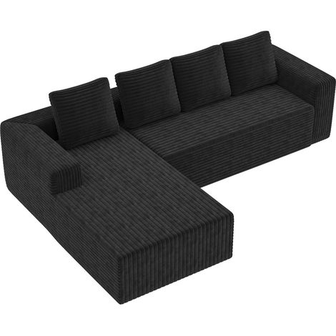 Sofá modular en L negro de pana con chaise longue derecha, asiento profundo y sin montaje