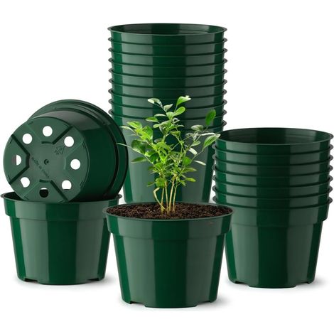 Set mit 20 Kunststoff-Blumentöpfen, 10 cm, dickwandig und stabil, mit Abflusslöchern, kleine Pflanztöpfe, grün