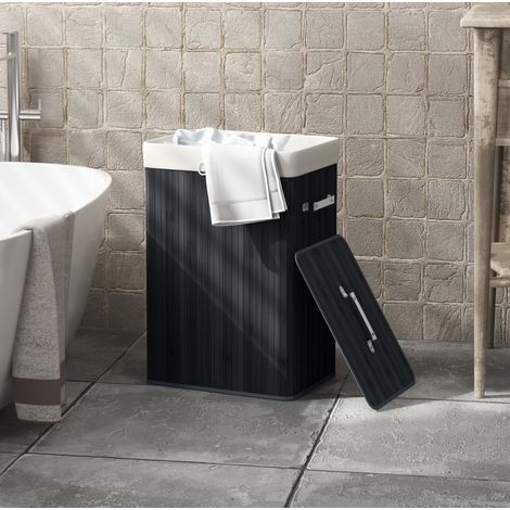 Cesto para la ropa plegable con tapa 72 L, de bambú y lona, 40 x 30 x 60 cm, negro OKMYHOME (1/5)