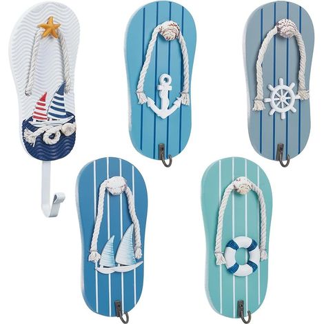 5 Styles Mignons Porte Serviettes Murals à Tong Bois avec Crochets Métalliques Décor Côtier Mixte Porte Serviettes Rustique pour Salle de Bain Décor d Été (1/5)