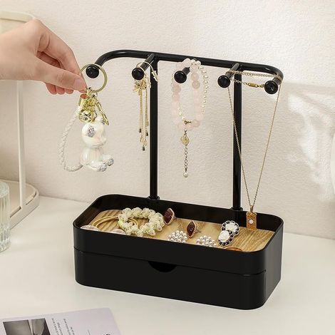 Expositor de joyas con cajones, soporte para joyas con base de madera, organizador de joyas compacto con 5 ganchos, para collares, pulseras, anillos y pendientes, negro.