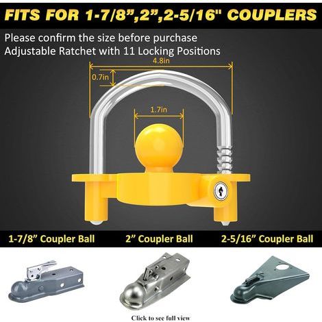 Universelles Anhängerschloss, kompatibel mit 1-7/8", 2" und 2-5/16"-Kupplungen, ideal für Wohnwagen und Wohnmobile. Verstellbares Anhängerschloss aus robustem Stahl, gelb. (1/5)