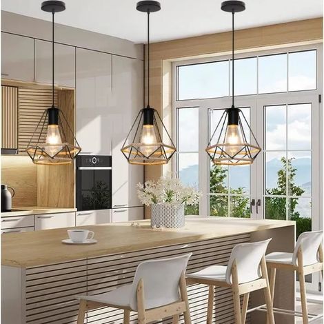 3PCS Lustre Suspension Retro,E27 Lampe Luminaire Industrielle en Cage Métal Suspension Plafonnier en Corde de Chanvre pour (1/4)