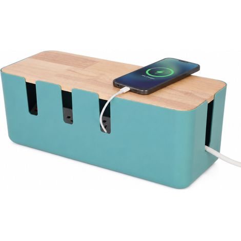 Relaxdays Kabelbox, für 2 Steckdosenleisten, Holzdeckel, Kunststoff, Kabel verstecken, HBT: 11,5x30,5x12,5 cm, mint (1/5)