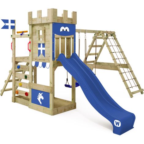 Wickey Parco giochi in legno DragonFlyer Giochi da giardino con altalena e scivolo Torre d'arrampicata da esterno con sabbiera e scala di risalita per bambini - blu (1/5)