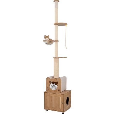 COSTWAY Arbre a Chat Plafond, 256-275 cm Hauteur Ajustable, Arbre a Chat avec Litiere Intégrée, Capsule, Condo, Poteaux à Griffer en Sisal, Corde en Sisal, Plateformes, Coussin Amovible