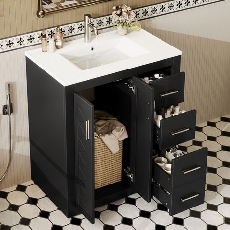 Meuble vasque noir 76 x 46,5 x 85,5 cm avec lavabo céramique intégré, 3 tiroirs et double porte à fermeture douce, style moderne CHICFURN (1/5)