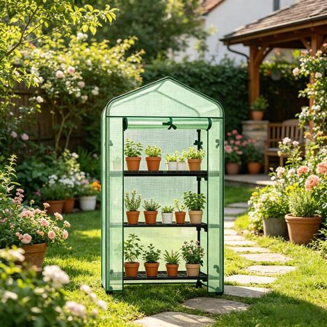 Pour déplacer vos plantes, mini serre de balcon avec 3 étagères, roulettes à frein et porte zippée (1/5)