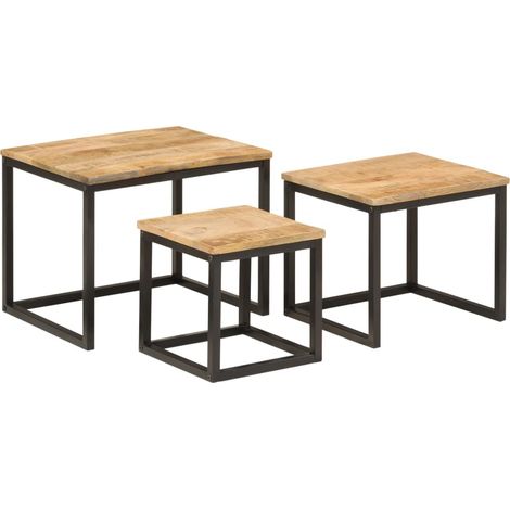 Tables basses gigognes 3 pcs,Table d'appoint,Table de Salon bois massif de manguier et fer CFW33175 (1/5)