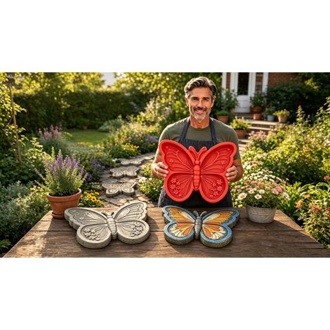 Moule à marches décoratives réutilisable pour jardin, grand moule en silicone de 4,8 m (15,7 pi), décoration de jardin et d'allée à faire soi-même, motif cœur et papillon en dalle de ciment. (1/5)