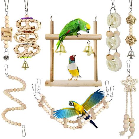 Ensemble de 8 jouets pour perroquet en bois : support à mâcher, perles en forme de cœur et d'étoile, accessoires et fournitures pour oiseaux. (1/5)