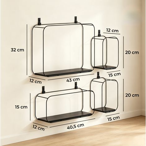 Lote de 4 estanterías de pared 43x12x32 cm metal/MDF negro para salón y oficina - MEUBLIV (1/5)