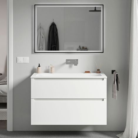 BERNSTEIN - Mobile lavabo sospeso MDF bianco opaco, lavabo Ghisa senza foro rubinetto, cassetti girevoli - 80x46x62cm - VIREO	Bianco opaco, Bianco opaco senza foro rubinetto