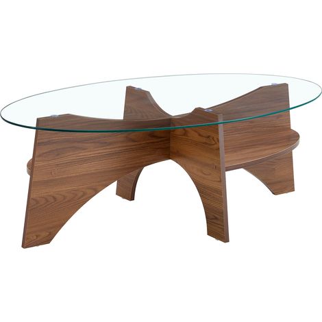 Table basse ovale en verre trempé avec structure en bois de noyer, 104,9 x 60 cm (1/5)