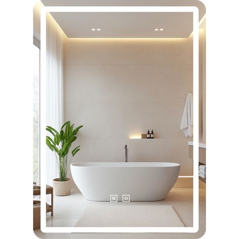 Miroir de Salle de Bain Rectangulaire LED 70 x 50 cm, Miroir Mural avec Cadre Métallique, 3 Couleur 3000K-6000K, Fonction Mémoire, Luminosité Réglable (1/5)