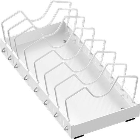 Organisateur coulissant pour casseroles et poêles, à placer sous un meuble de rangement coulissant, avec support pour couvercles et séparateurs réglables. (1/5)