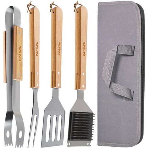 Kit Barbecue Ustensiles 4 Pièces - Set Barbecue avec Sac de Transport - Kit BBQ Acier Inoxydable et Bois - Accessoire Barbecue (1/4)