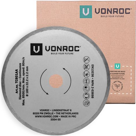 Vonroc – Disque diamant 180mm pour meuleuse – Type continu – Alésage 22,2mm – Coupe précise pour carrelage, béton et céramique