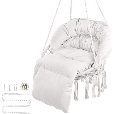 Chaise suspendue hamac en corde de coton, support 150 kg, fauteuil suspendu macramé avec coussin et kit de fixation, balancelle pour chambre, balcon, terrasse, jardin, beige (1/5)