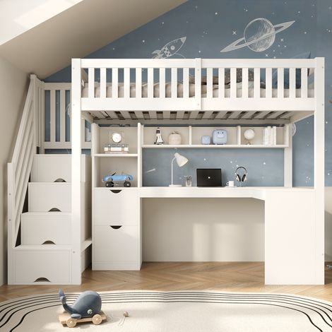 Lit mezzanine enfant 90x200 avec bureau,placard échelle,tiroirs,étagères,lit superposé,cadre de lit enfant en bois,blanc (1/5)