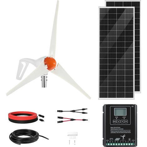 Mophorn Kit di Energia Eolica Solare 12V 400W, 2 Pannelli Solari Monocristallini da 100W, Turbina Eolica da 200W, Controller Ibrido MPPT per Applicazioni Fuori Rete, Camper e Barche