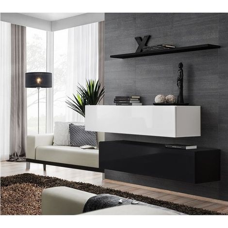Ensemble meuble TV mural  - Switch SB II - 130 cm  x 110 cm x 30 cm  - Blanc et  noir - Livraison gratuite
