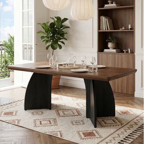 Table à manger 160x80 cm pour 4 à 6 personnes, design moderne, plateau épais 4 cm effet noyer avec pieds noirs (1/5)