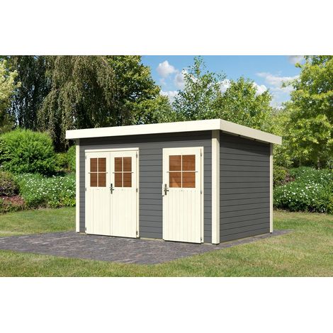 Karibu Gartenhaus Tintrup Gartenhaus aus Holz in Grau, Holzhaus mit 28 mm Wandstärke, Blockbohlenhaus mit Montagematerial Grau