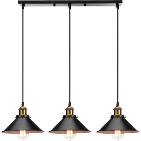 3 Lumières Suspension Rétro Industriel Plafonniers Design Edison Métal Lustre Suspension avec Support de Barre, Ø 22cm, Noir et blanc (1/3)