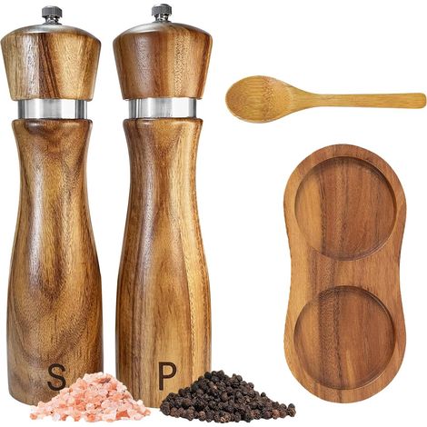 Ensemble de 2 moulins à poivre et à sel en bois d'acacia (20 cm), réglable, avec bol et cuillère. (1/5)