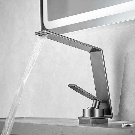 Robinet de lavabo cascade, adapté aux lavabos encastrés et à la pose sur comptoir, bec haut, finition nickel brossé, cartouche céramique, pour meubles de salle de bain (gris) - ALOVEZ (1/5)