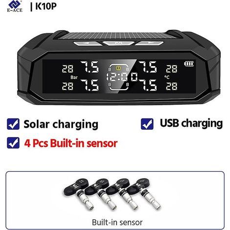 E-ace Accesorios Para Vehculos TPMS Sensor 8 Bar Smart System For Cars Truck With Intelligent System Solar Power Lc Display ( K10P-Internal Sensor ) (1/5)