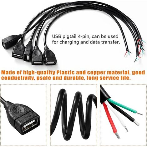 Câble nu USB 2.0-A Femelle 4 Broches, à Fil Extrémité Ouverte 30cm 5V 3A 22AWG Cœurs, Vers Extrémités de Ouvertes (1/3)