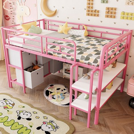 Letto a soppalco bimbi 90x200 cm con contenitori rosa in metallo/MDF, senza materasso FloraGrace (1/5)
